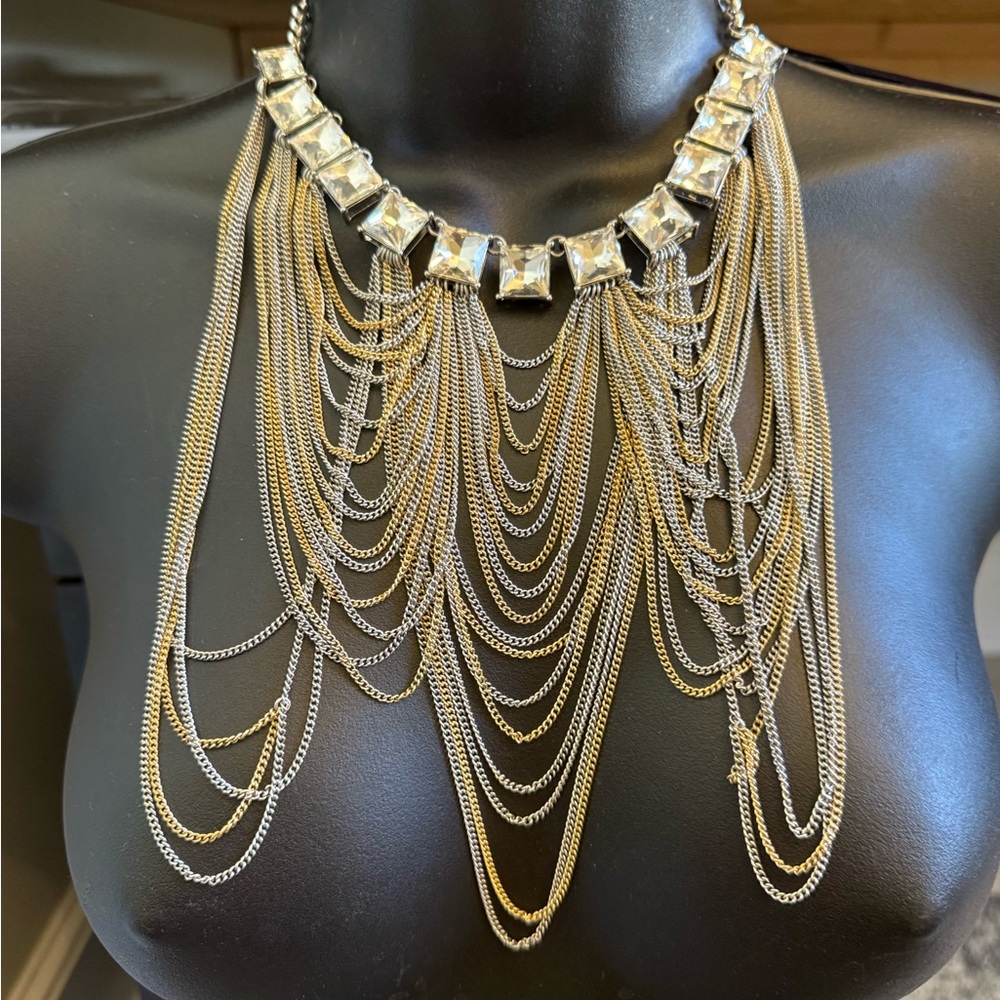 Express Gold-Tone Multi-Chain Necklace with Clear Crystal Accents